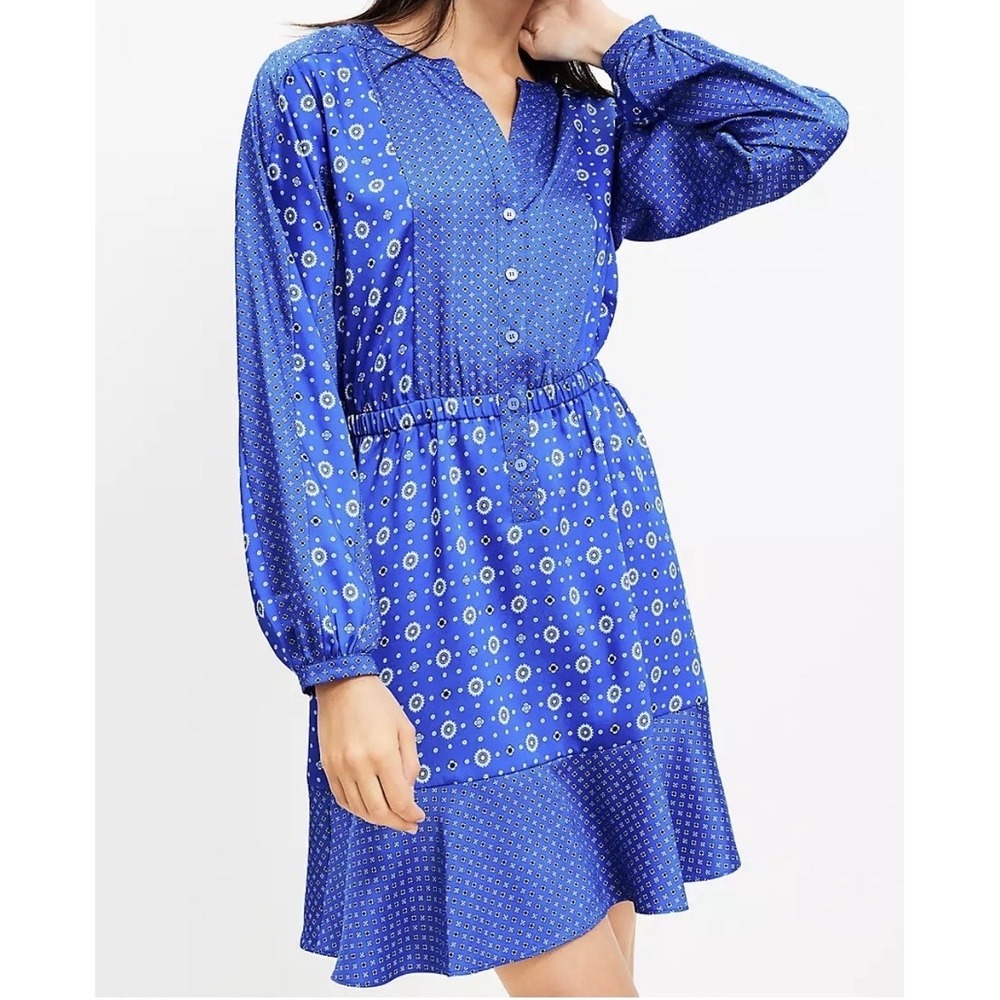 Loft Size M Mixed Geo Flounce Mini Shirtdress- Intense Lapis Elastic Waist